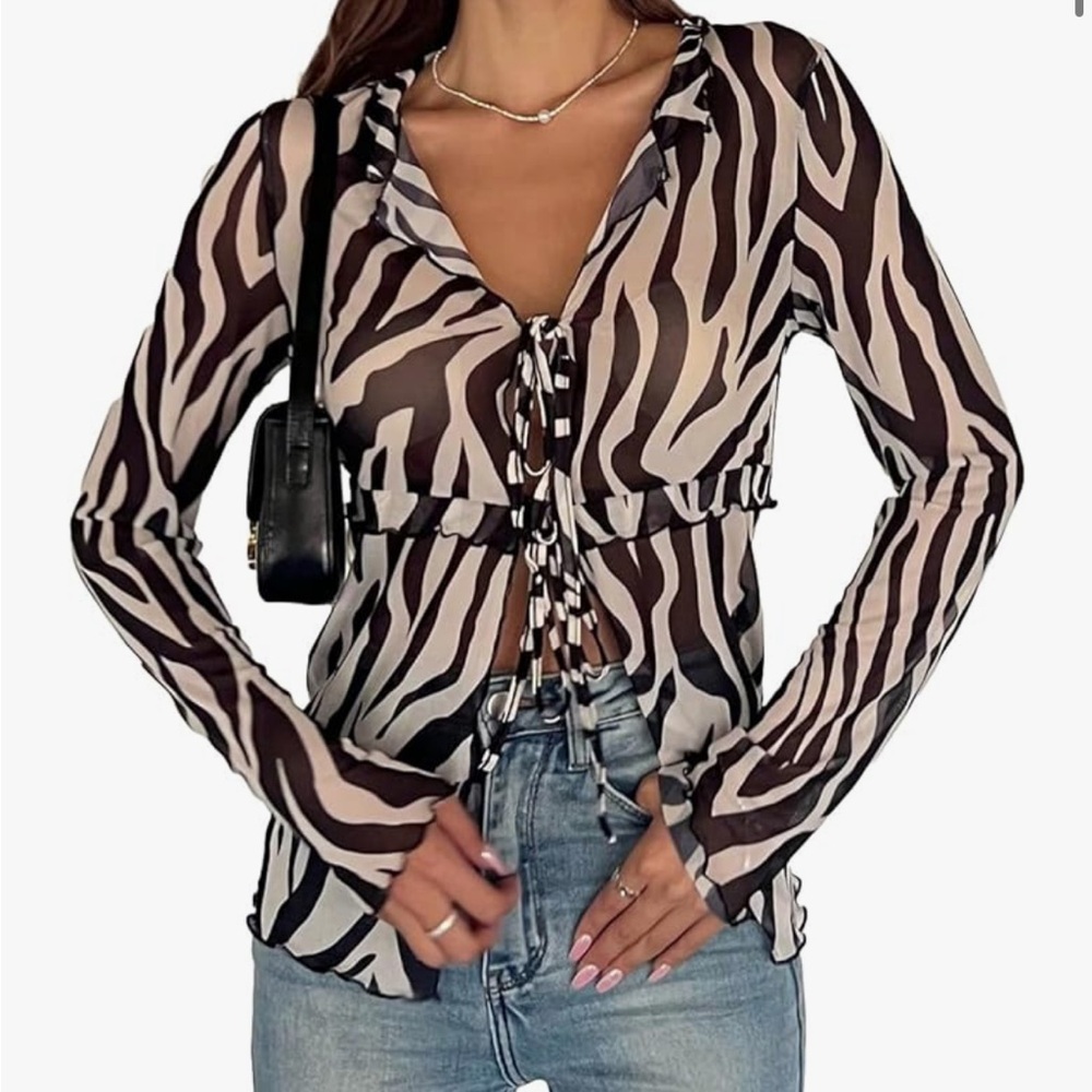 Tie Front Long Sleeve Mesh Blouse Zebra Print Casual Shirt Top